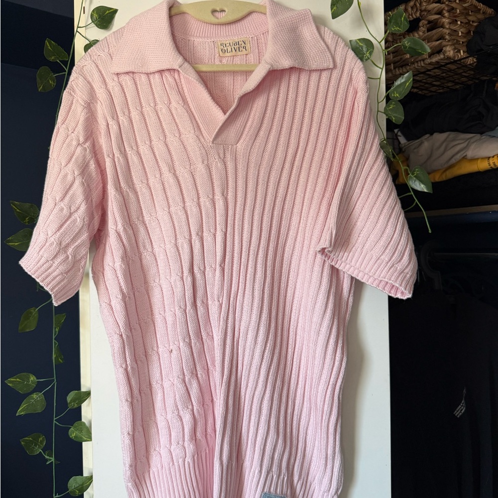 REUBEN OLIVER Tennis Collar Polo cable knit rib Shirt Pink Cotton Short Sleeve